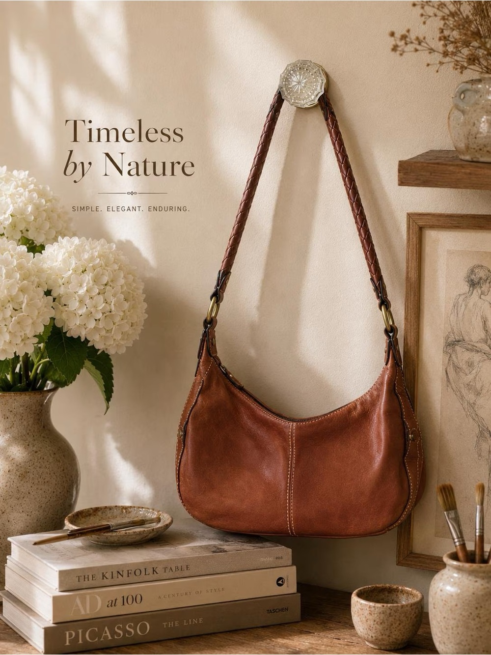 Vintage Brown Leather Hobo Shoulder Bag | Braided Strap | Boho Slouch Purse